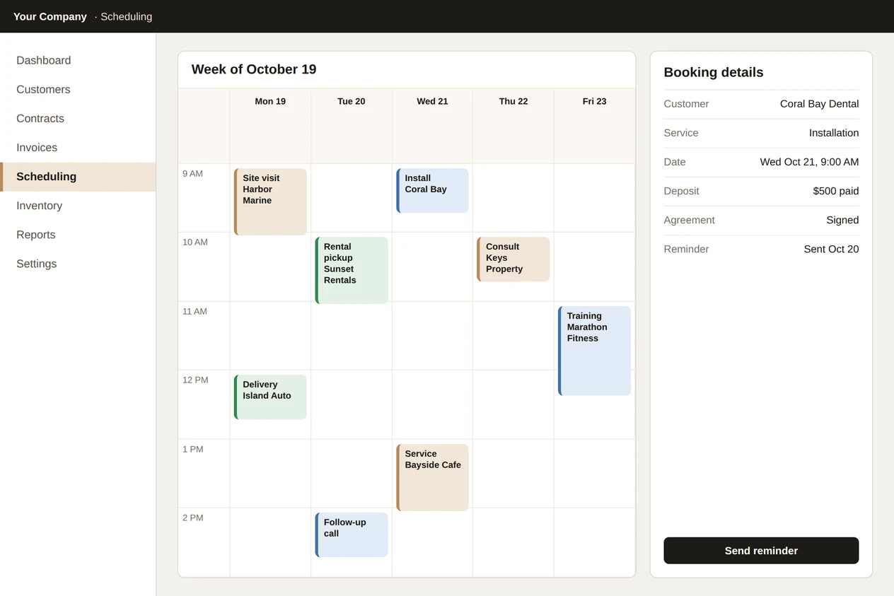 Sample scheduling screen with a weekly calendar and booking details