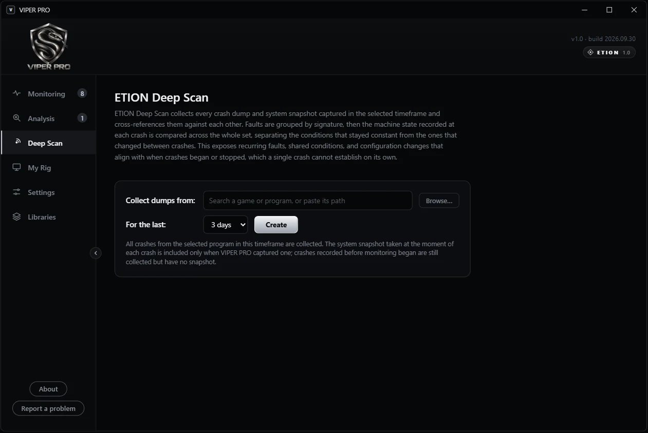 ETION Deep Scan screen for collecting every crash from a chosen program over a chosen timeframe