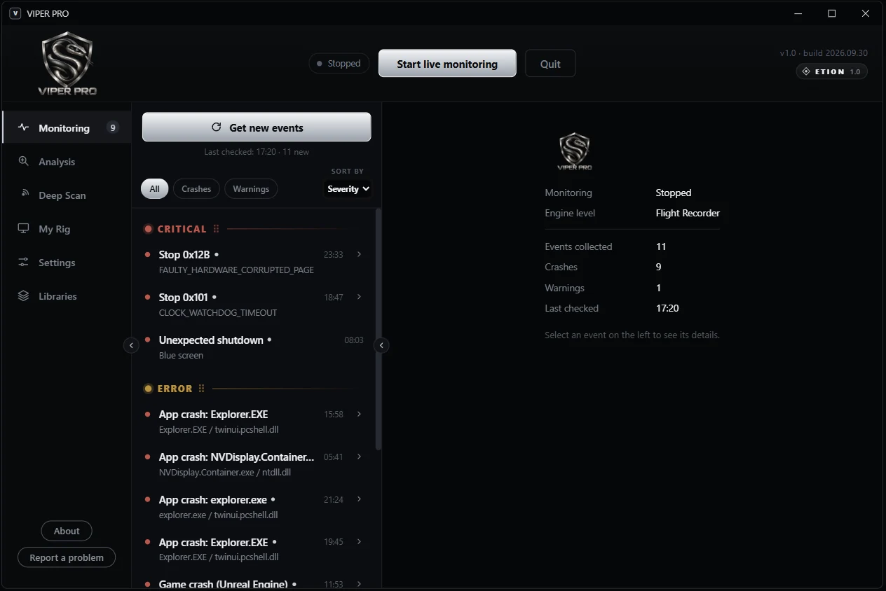 VIPER PRO Monitoring screen listing collected crashes, blue screens and app crashes by severity