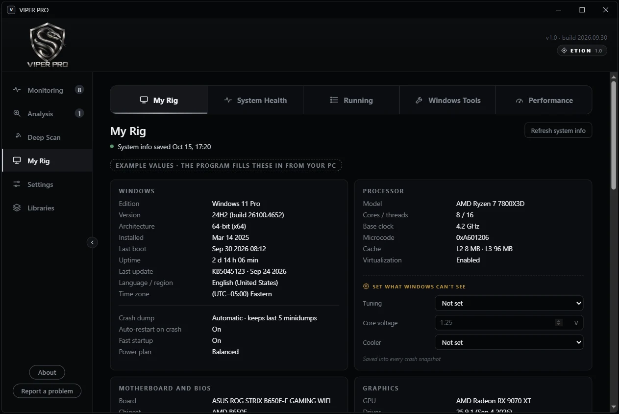 My Rig screen showing Windows, processor, motherboard and graphics details